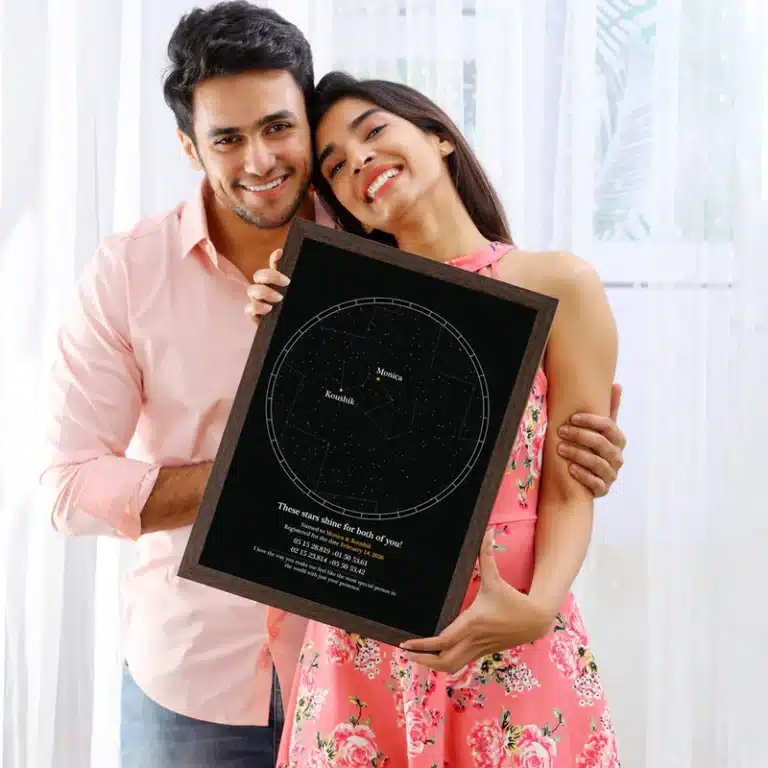 Personalised star map for couples with two highlighted stars and acrylic glass