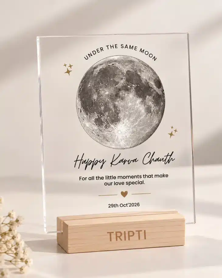 Personalised Moon Plaque – Karwa Chauth Gift for Wife with Pine Wood Base