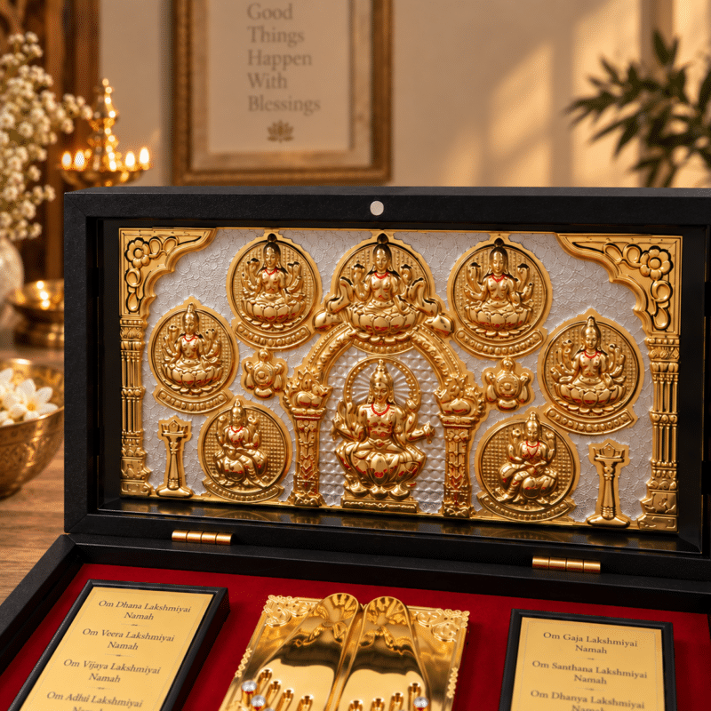 Ashta Lakshmi gold plated panel close-up