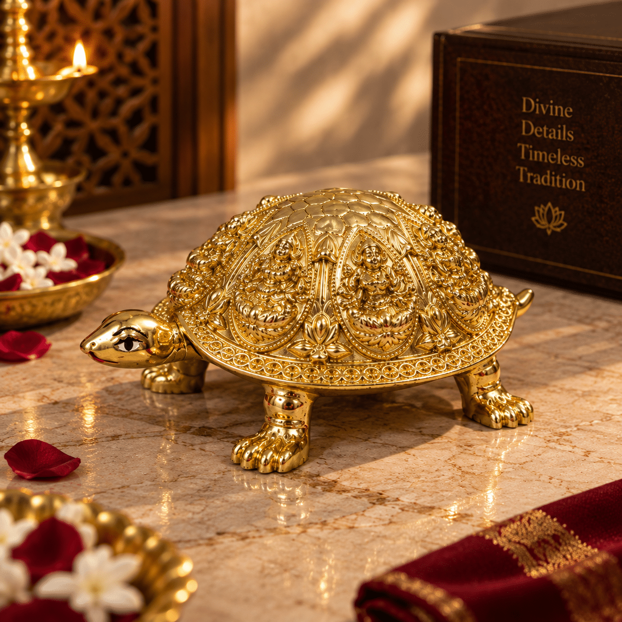 Ashtalakshmi Tortoise Idol gold plated 3.5 inch on puja table