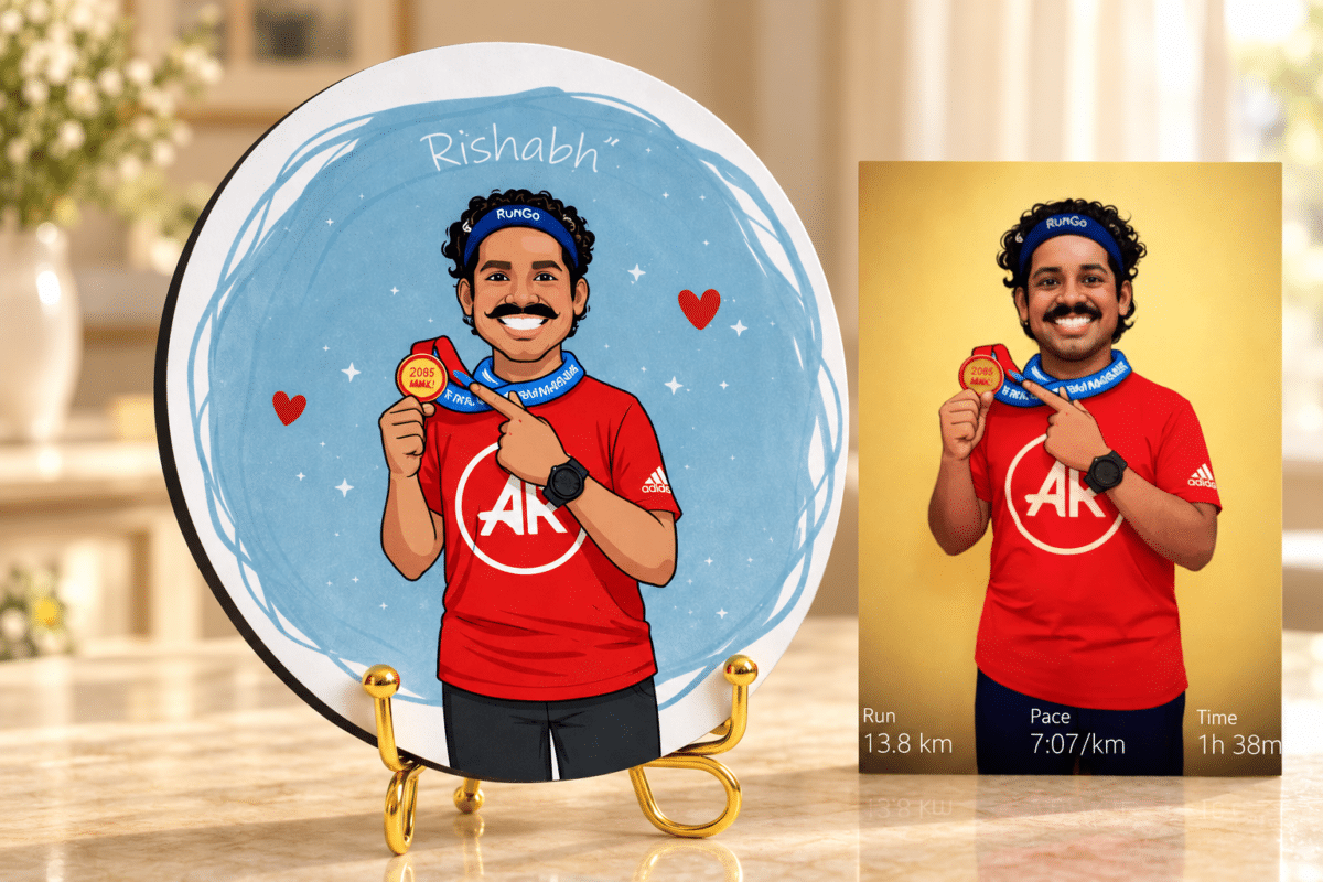 Personalised caricature plaque from photo with name and gold stand