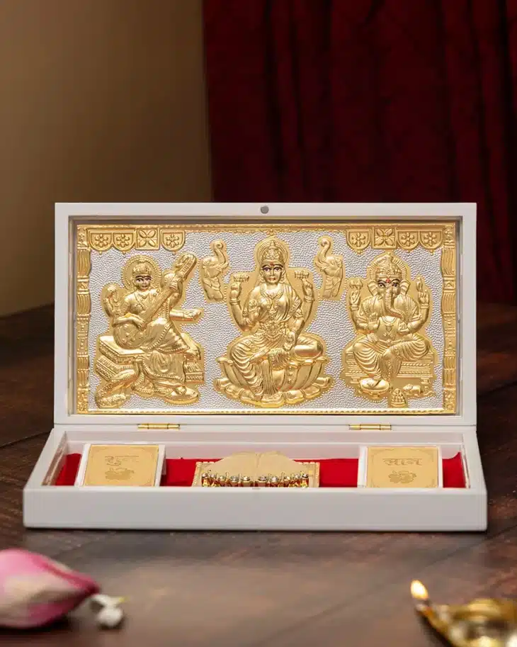 Ganesh Lakshmi Saraswati photo frame 24K gold plated with Charan Paduka
