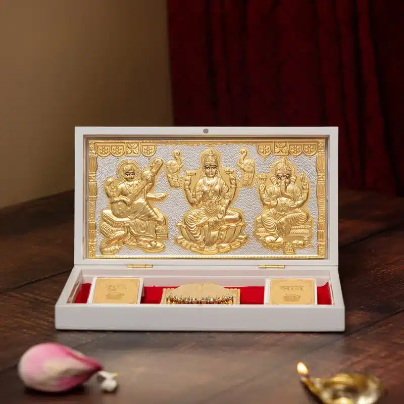 Ganesh Lakshmi Saraswati photo frame 24K gold plated with Charan Paduka