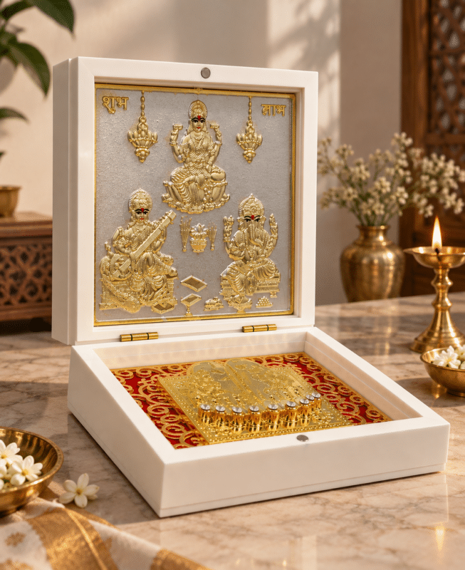 Ganesh Lakshmi Saraswati pocket temple gold plated devotional box