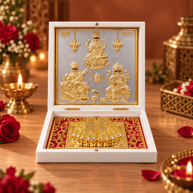 Ganesh Lakshmi Saraswati gold plated mini mandir open box