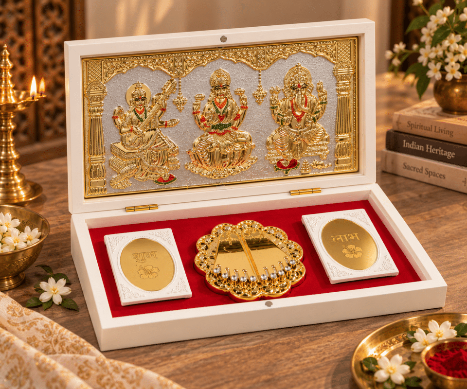 Ganesh Lakshmi Saraswati gold plated frame open box