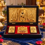 Gold Balaji temple box gift on navy silk
