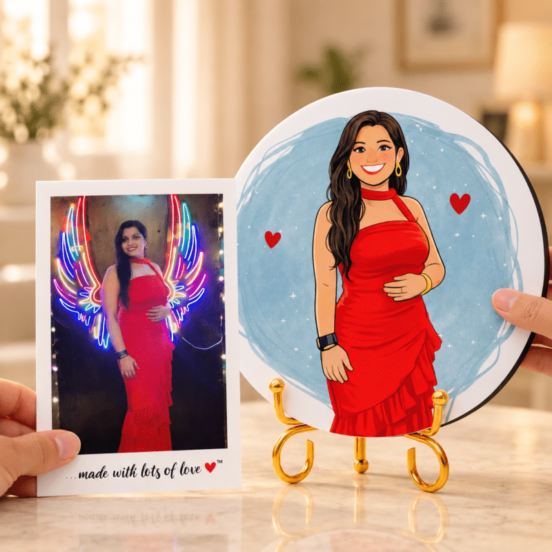 Original photo beside the finished cartoon portrait made from it