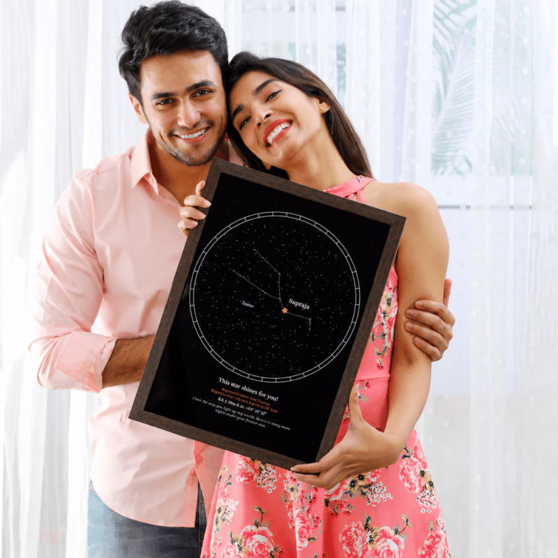 Couple holding a custom star map frame