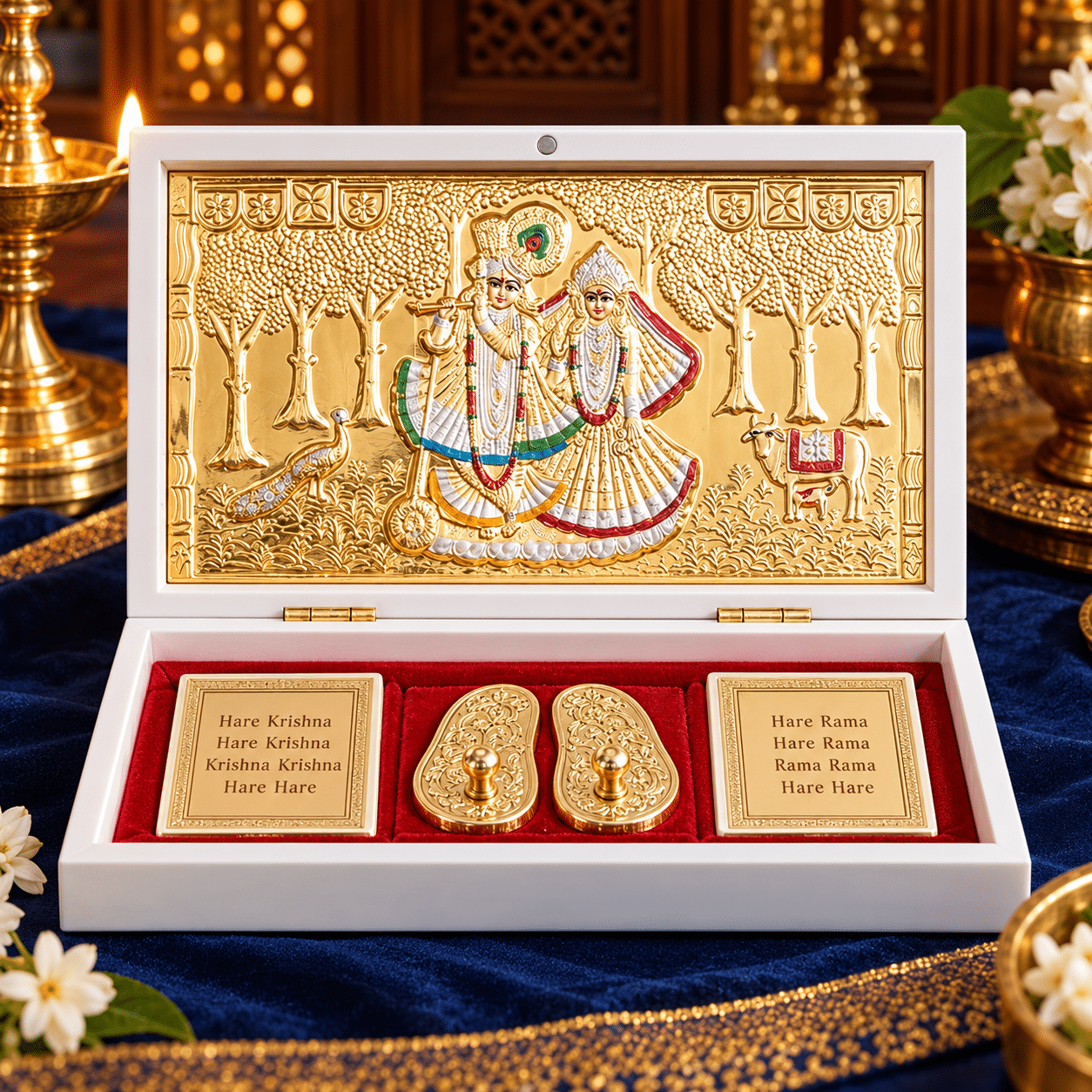 Radha Krishna pocket temple gold plated front view