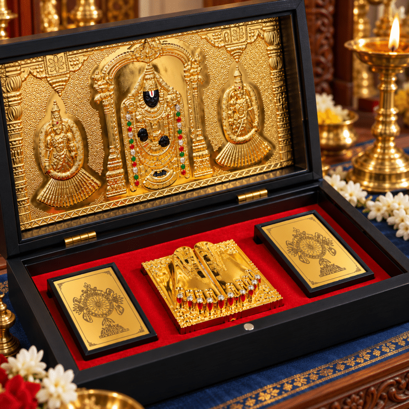 Balaji pocket temple open showing charan paduka and chakra