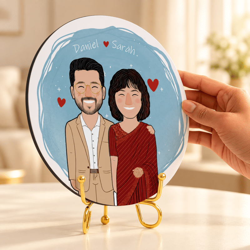 Couple caricature frame with names on top, displayed on a golden stand