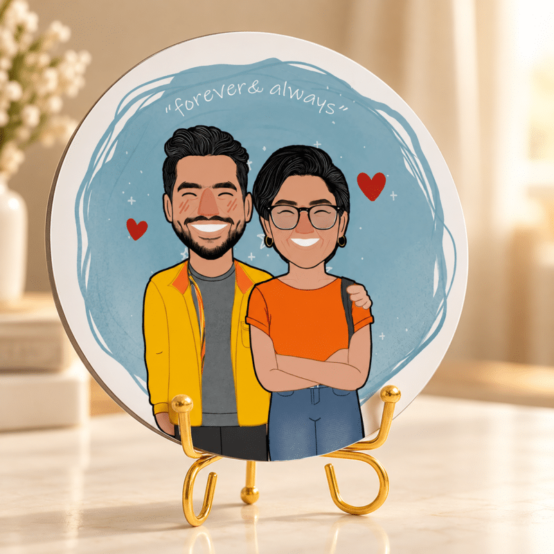 Cartoon couple portrait in casual outfits on a round acrylic frame