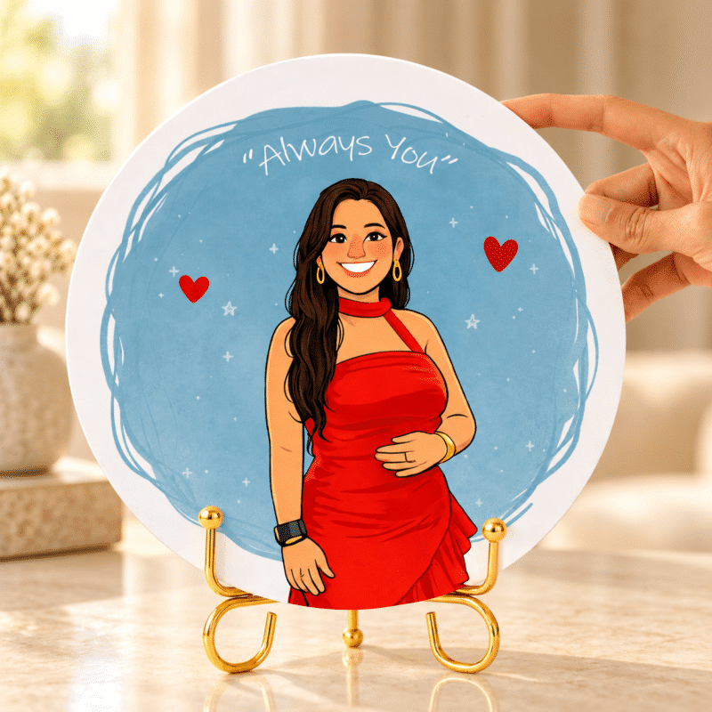 Personalised caricature frame of a woman in a red dress on a golden stand