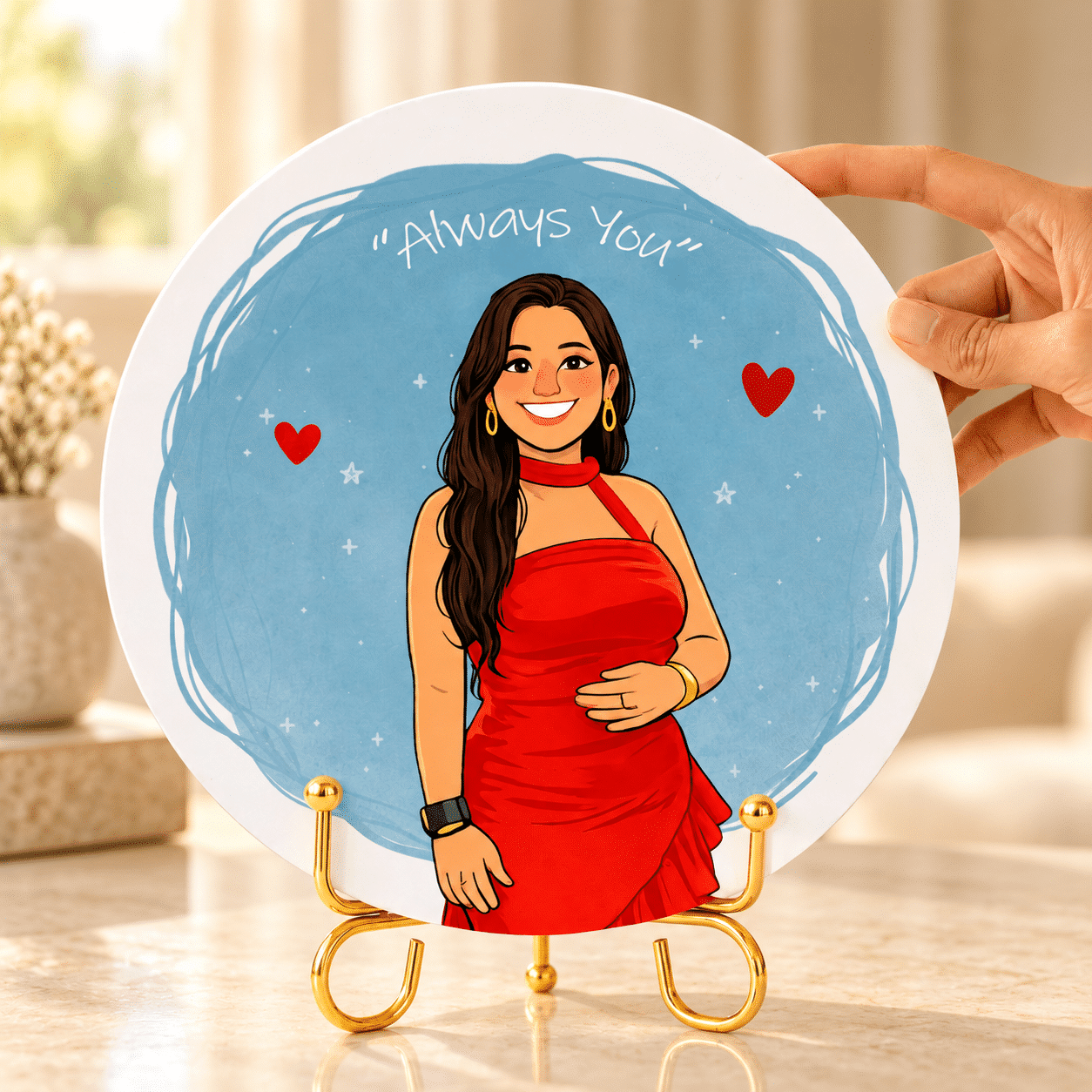 Round blue illustrated plaque on gold stand-3