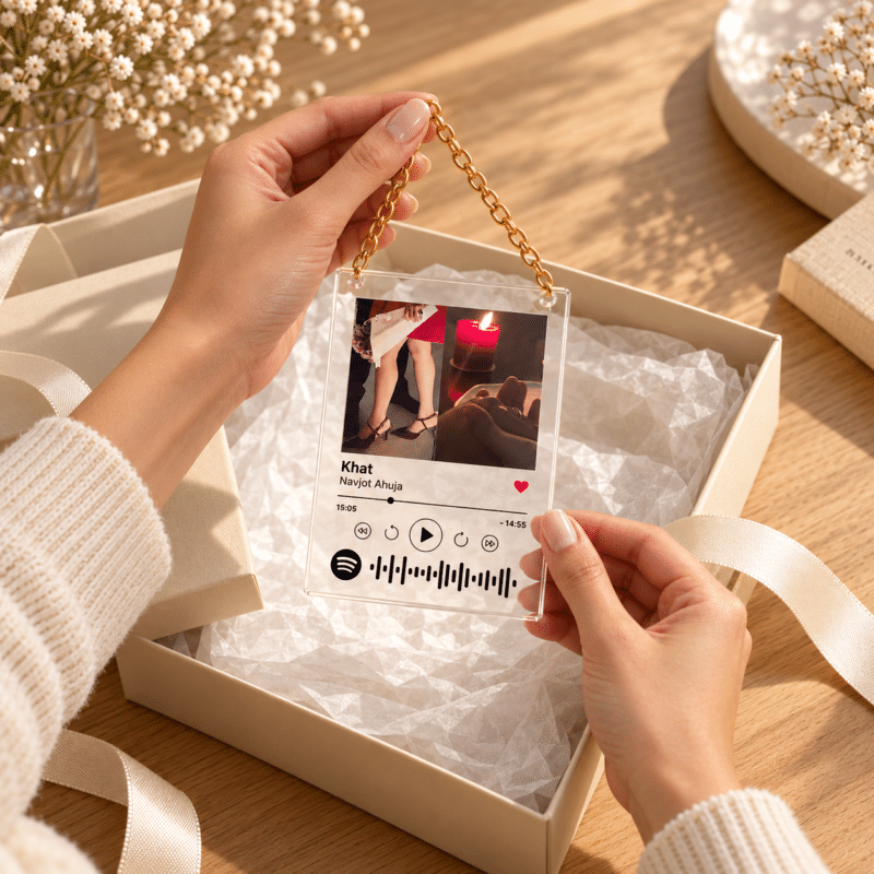 Hands lifting a personalised Spotify photo plaque out of a gift box