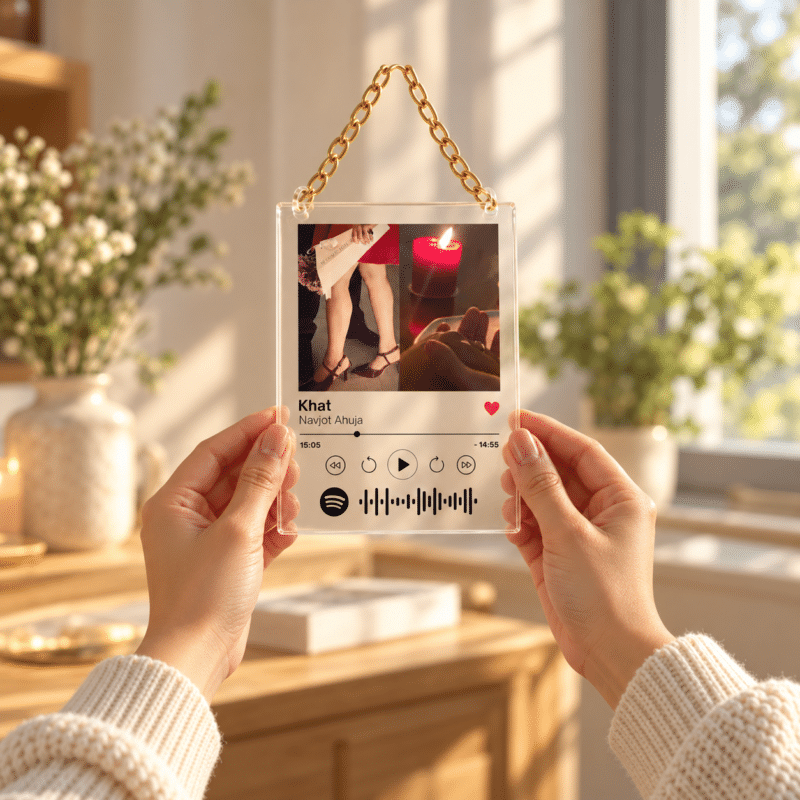 Hands holding a hanging acrylic song plaque with photo and scan code