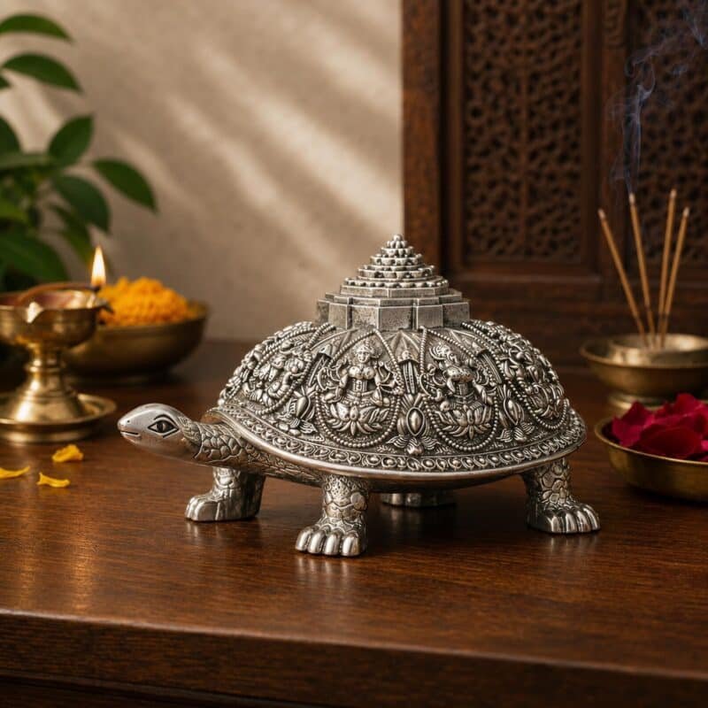 Silver plated Ashtalakshmi tortoise idol on a wooden table